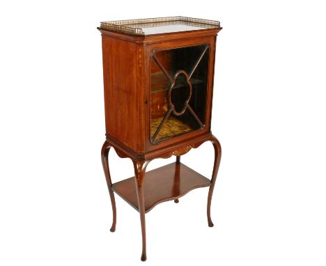 A fine quality late Victorian mahogany display cabinet, c.1900, with brass three-quarter gallery to the top, above a single g