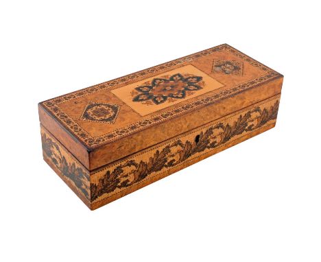 A Victorian burr-walnut and Tunbridge inlaid sewing box, c.1850, rectangular with geometric Tunbridge ware inlays to the cove