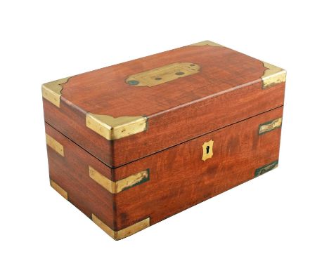 A late Georgian mahogany and brass bound apothecary box, c.1830, the hinged cover opening to reveal a red velvet lined and co
