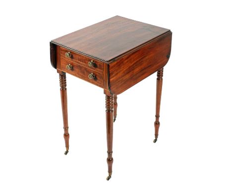 A George III mahogany drop leaf lamp/side table, c.1800, with rounded rectangular and double flap top with fluted edge, two b