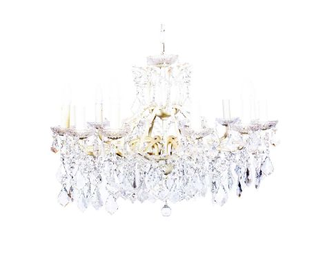 A modern French style cream painted metal and cut glass twelve-branch chandelier, 80cms diameter.