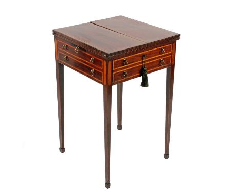 A George III mahogany and satinwood banded patience or games table, c.1800, in the Sheraton style, square-shaped and with sid