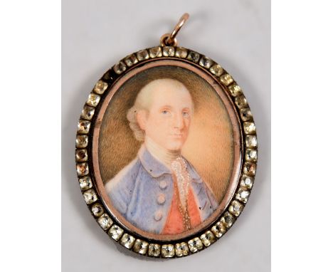 A late 18c/early 19c oval portrait miniature on ivory of a gentleman, oval pendant framed, 1.5in x 1.25in.