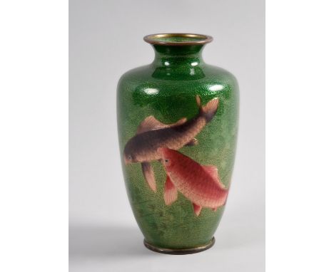 A Japanese cloisonne enamel vase decorated with carp in a naturalistic setting, Meiji period, 7in h.
