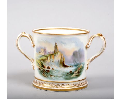 A late 19c Coalport loving cup  having on one side the entwined initials M and K within a border of forget-me-nots and wild r