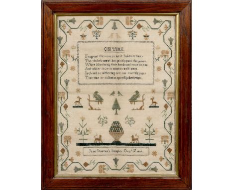 A 19c needlework sampler with symbols and verse, titled 'On Time fragrant the rose is but it fades in time' - being Jane Stan