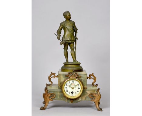 A late 19c French figural mantel clock with single train movement and 3in diam cream enamel dial with arabic numerals and flo