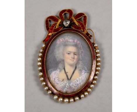 An early 19c oval portrait miniature on ivory of a lady, she with pink ribbon in her hair and wearing a pendant locket, ename