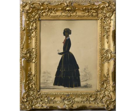 A 19c portrait silhouette of a lady with gilt highlights within a pencilled landscape, unsigned, framed and glazed, 10.5in x 