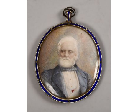 A 19c oval portrait miniature on ivory of a gentleman, he with white hair and beard and with a memoriam lock of hair to the r