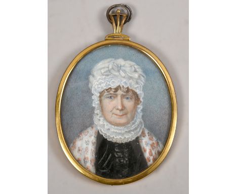 An early Victorian oval portrait miniature on ivory of a lady, she wearing bonnet and collar, oval framed and glazed, 3in x 2