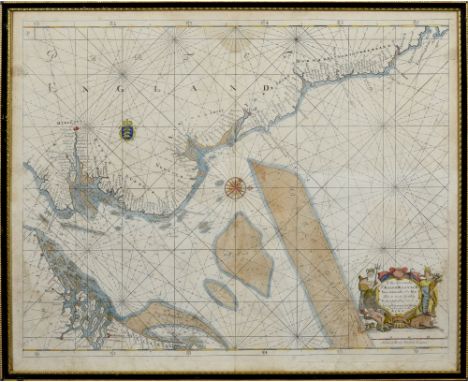 A 17c antique map dedicated and presented by Captain Greenvile Collins hydrographer to the King, the the Hon. Sir Ralph Delav