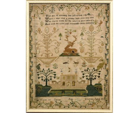 A 19c needlework sampler with verse being the work of Sarah Anne Davies, aged ten, framed and glazed, 16in x 12in.