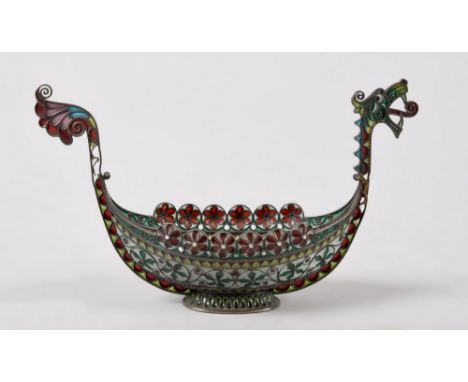 An early 20c Marius Hammer enamel 'plique a. jour' Viking boat - small repair to dragon neck, 6in w.
