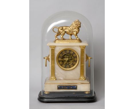 A late 19c French mantel clock with single train movement with visible escapement and skeletonised plates allowing the moveme