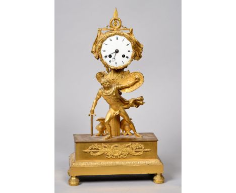 An early 19c French mantel clock in ormolu Empire style case depicting a Greek soldier with his sword and shield. Th4e clock 