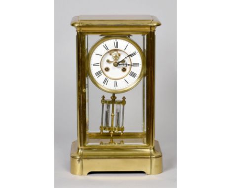 A late 19c French four glass clock by A.D. Mongin in large glazed brass case.  The two train movement rack strikes on a gong 