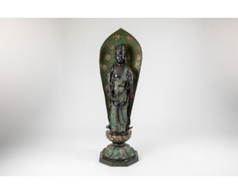 quite big antique Japanese "Kannon" sculpture in bronze with cloisonné and inlaid cabochons Kannon is the Japanese manifestat