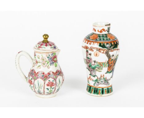 two pieces of 18th Cent. Chinese porcelain : a small KangXi vase with Famille Verte decor and a lidded jug with 'Famille Rose