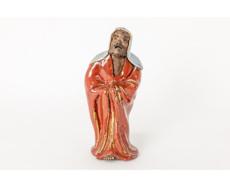 antique Chinese Qing period sculpture in enameled earthenware with an old label inside, referring to the Qianlong periodAntie