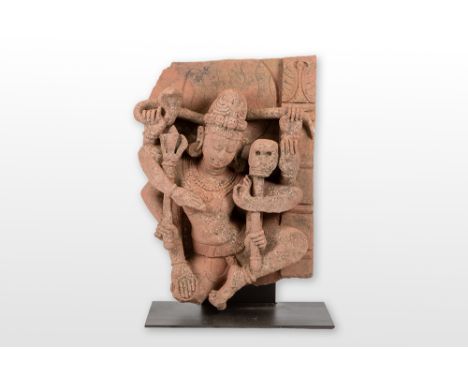 7th/8th Cent. Indian Gupta period pink sandstone "Dancing Shiva" sculpture  He is depicted here with eight arms and in each o