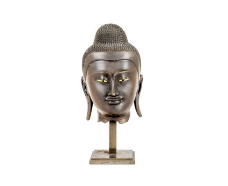 nice19th Cent. Burmese Mandalay period "Buddha head" sculpture in bronze with inlaid eyesBIRMA  -  MANDALAY PERIODE  -  19° E