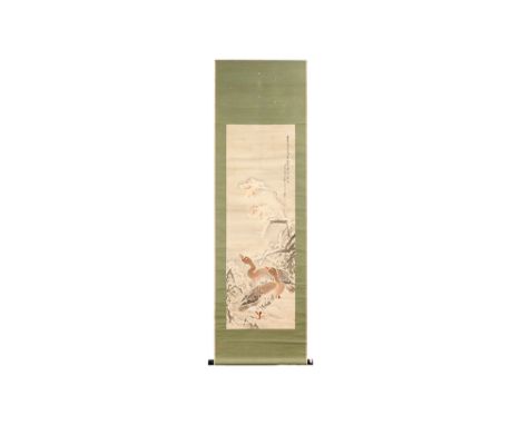 Chinese scroll with a painting with geese, marked on the backsideAchteraan gemerkte Chinese scroll met schildering met ganzen