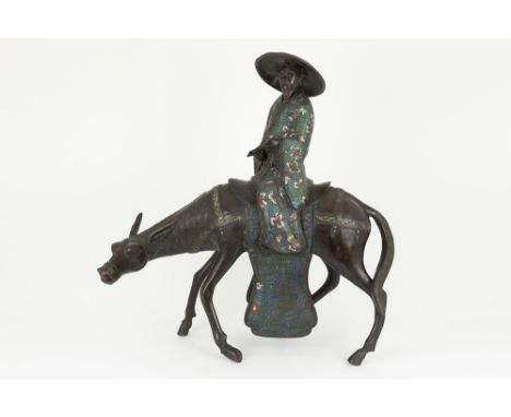 quite big antique Chinese "Confucius on a donkey" sculpture in bronze and cloisonnéVrij grote antieke Chinese sculptuur in br