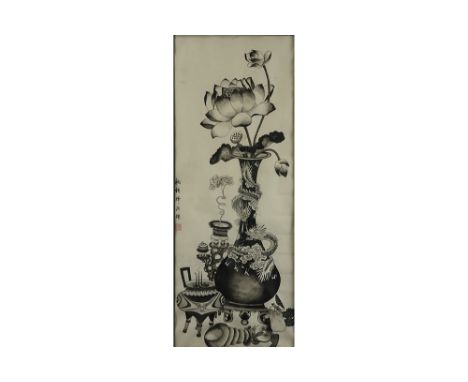 framed Chinese painting Ingekaderde Chinese schildering : "Stilleven met bloemenvaas"  -  96 x 36