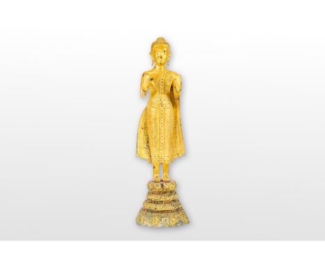 early 19th Cent. Siamese Rattanakosin period "Blessing Buddha" sculpture on its original base in gilded bronzeTHAILAND  -  RA