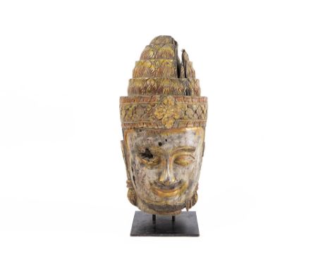 18th/19th Cent. Cambodian U'dong period "Head of Buddha" sculpture in polychromed wood with an attestation by Dr Istvan Zelni