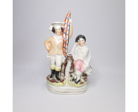 A Staffordshire figure of Children, war and peace?Circa: 1855     Size: 23.5cm H   Condition of the Left Figure: Hat, flag an