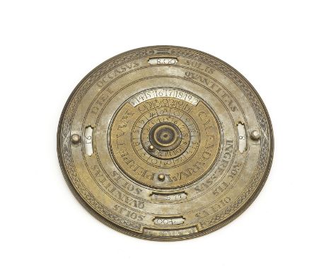 A Silvered Brass Perpetual Calendar, English, 2nd half of 18th Century,good brass perpetual calendar, the observe with two vo