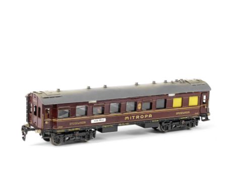 MÄRKLIN o gauge bogie Mitropa Speisewagen, circa 1935Passenger wagon 19420 finished in red livery with gold lining and grey r