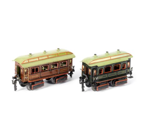 MÄRKLIN 0 gauge bogie Dining car and Passenger coach, 1904-1909Dining car Cat. ref 1842/0 painted in teak livery with black, 