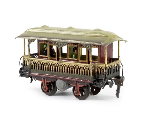 MÄRKLIN gauge I 4-wheel side corridor Summer coach, 1905-1909Cat. ref. 1824, hand painted in green, red and gold, open end an