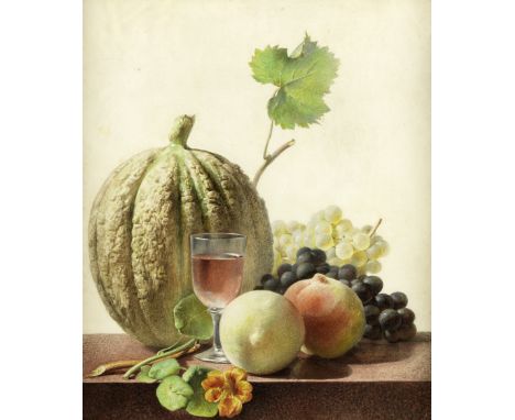 Antoine Berjon (French, 1754-1843)Melons, grapes, peaches and a glass of wine on a table-top signed and dated 'Berjon 1822' (