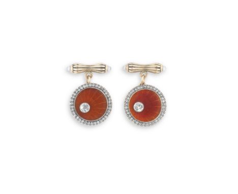 A pair of diamond-set rose-gold and enamel guilloché cufflinksFabergé, workmaster August Hollming, St. Petersburgeach circula