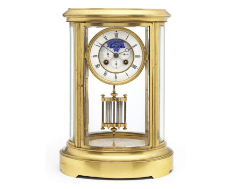 A large late 19th century French oval four-glass mantel clock with twin-jar mercury pendulum triple calendar and moonphaseThe