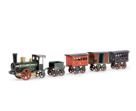 MÁRKLIN late 19th Century Hand-Painted Clockwork Passenger Floor Train0-2-2 locomotive and four-wheel tender hand painted in 