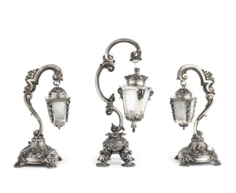 Three Portuguese silver table lampsOporto 1886 - 1938 period marks Comprising a pair of lamps and a larger example with penda