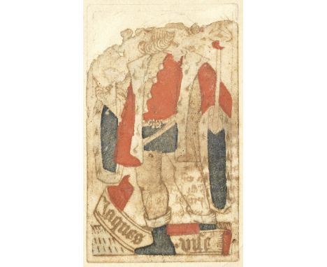 PLAYING CARD'Jacques Vise' [Jack],  wood-engraving on paper, pochoir-coloured (red, green, brown, grey-blue), the figure in c