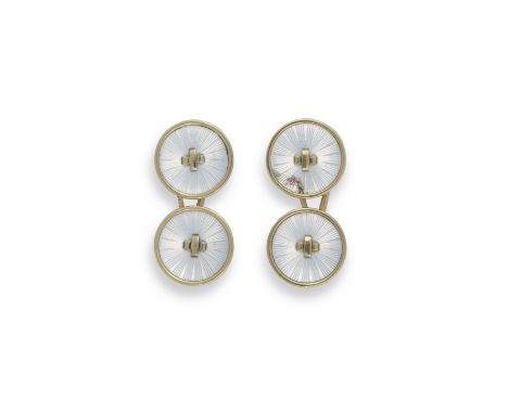 A pair of gold and guilloché enamel cufflinksbearing marks for Faberge, Moscow, 1899-1908each circular terminal enamelled tra