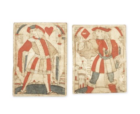 PLAYING CARDS'Alart' [Jack of Hearts]; 'Hector' [Jack of Diamonds] ,  pochoir-coloured (red, green, blue and grey-brown) wood