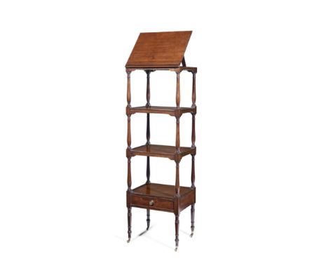 A Regency Mahogany WhatnotWith a hinged top above three shelves, the bottom shelf above a single drawer with turned supports,