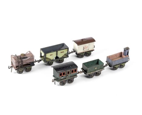 BING 0 gauge 4-wheel wagons,Mail van in green with yellow and red lining, hinged doors, open wagon in green, open wagon in gr
