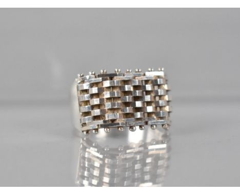 An Italian Silver Ring, Brick Style Articulated Links with Sphere Terminals to a Wide Flattened Band Stamped Internally Milor