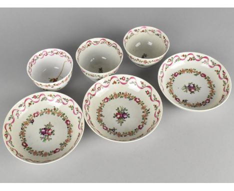 Three 18th Century Porcelain Tea Bowls and Saucers Decorated with Floral Garland Bands 