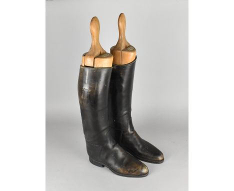 A Pair of Vintage Leather Riding Boots by Moore Bros Military Boot Makers, Salisbury with Wooden Trees 