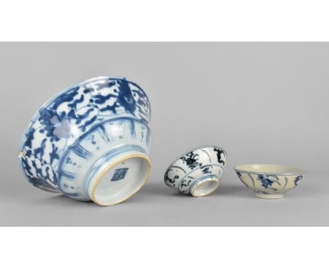 A Chinese Ming Dynasty Type Porcelain Blue and White Lotus Bowl, 17cm Diameter (Chip to Rim) Together with Two Pedestal Dishe